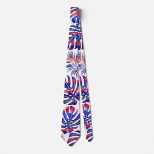 Patterned tropical leaves blue, red and gold neck tie