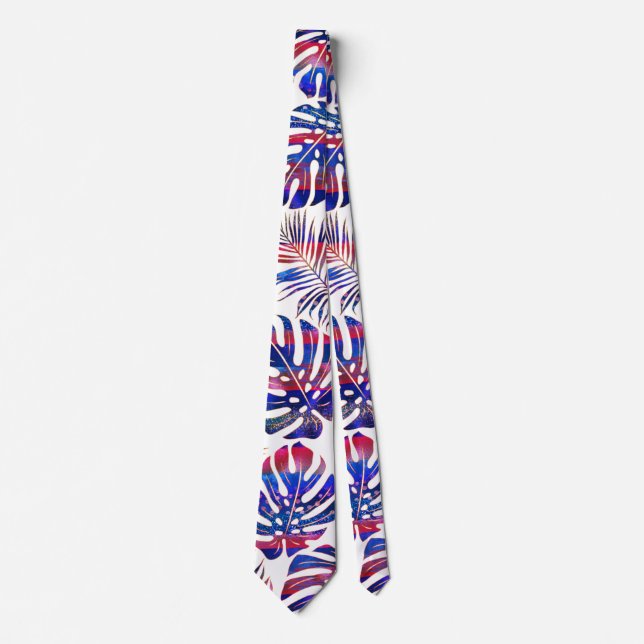 Patterned tropical leaves blue, red and gold neck tie (Front)