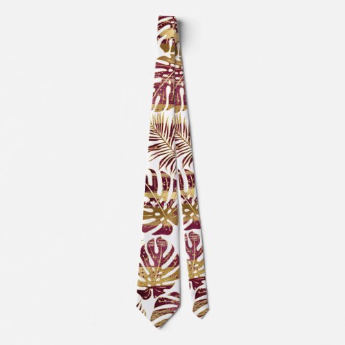 Patterned tropical leaves burgundy and gold neck tie