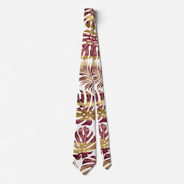 Patterned tropical leaves burgundy and gold neck tie (Front)