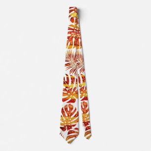 Patterned tropical leaves orange and gold neck tie