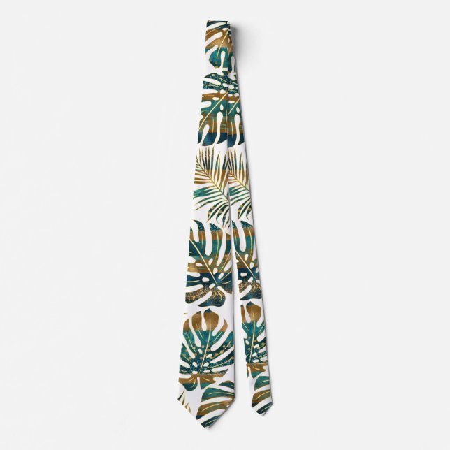 Patterned tropical leaves teal and gold neck tie (Front)