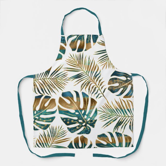 Patterned tropical leaves teal, gold brush strokes apron (Front)
