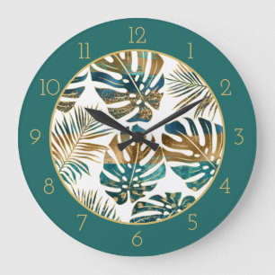 Patterned tropical leaves teal, gold brush strokes large clock