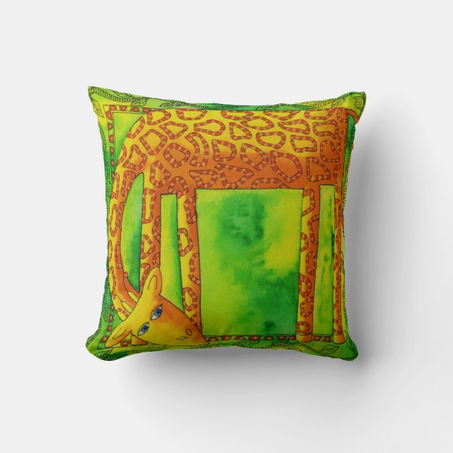 Patterned Watercolour Giraffe Illustration Throw Pillow (Front)