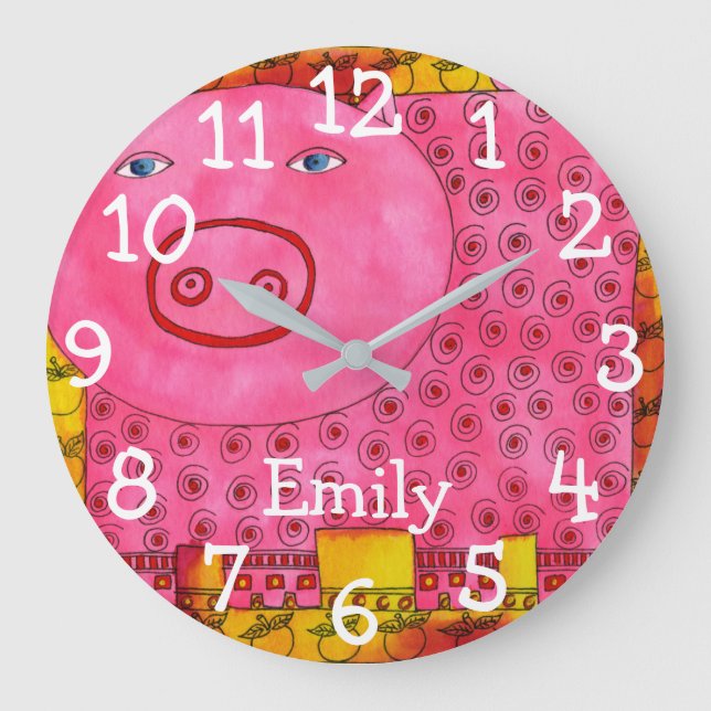 Patterned Watercolour Pig Personalised Name Large Clock (Front)