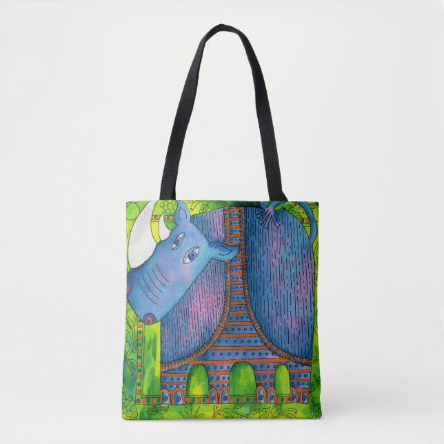 Patterned Watercolour Rhino Tote Bag (Front)