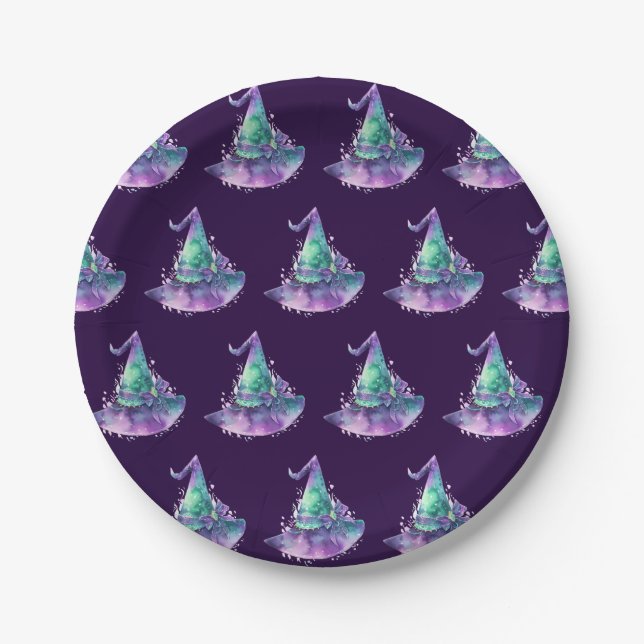 Patterned Witches Hat  Purple Halloween Party  Paper Plates (Front)