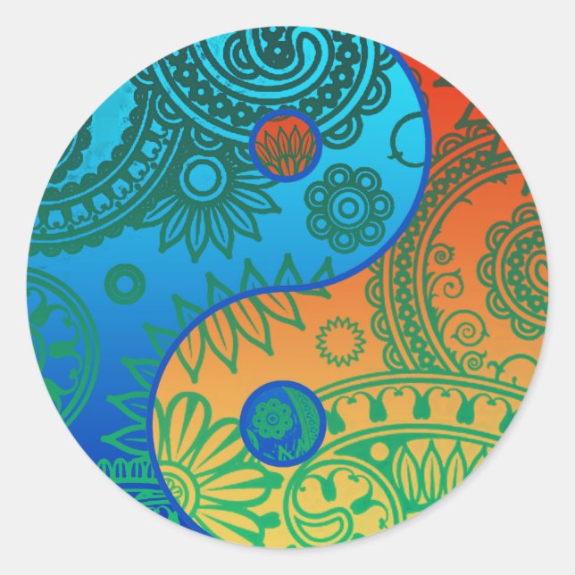 Patterned Yin Yang Orange and Blue Classic Round Sticker (Front)