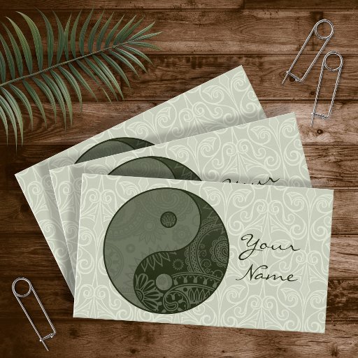 Customizable Patterned Yin Yang Sage Green Business Card Template