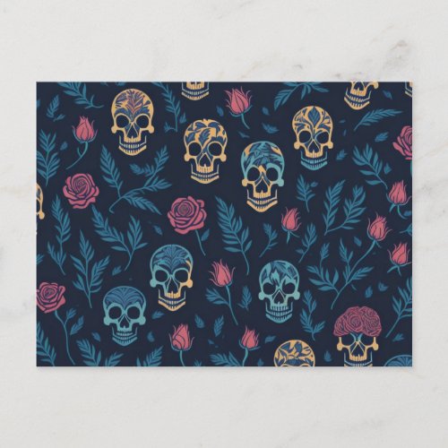 patterns of skulls and roses holiday postcard