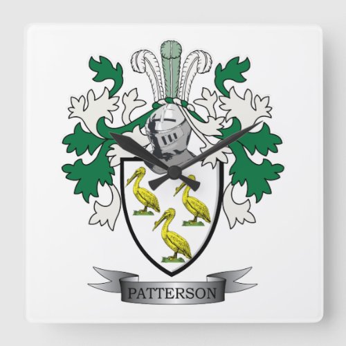 Patterson Family Crest Coat of Arms Square Wall Clock