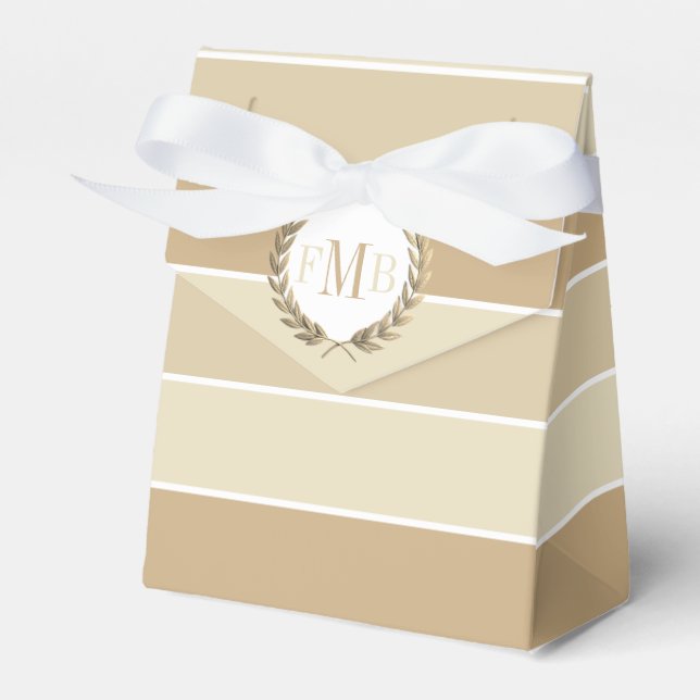 Patttern of beige stripes and initials wedding favor boxes (Front Side)
