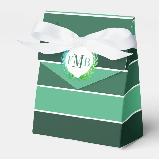 Patttern of green stripes and initials wedding favor boxes (Front Side)