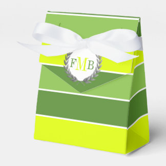 Patttern of green stripes and monogram wedding favor boxes