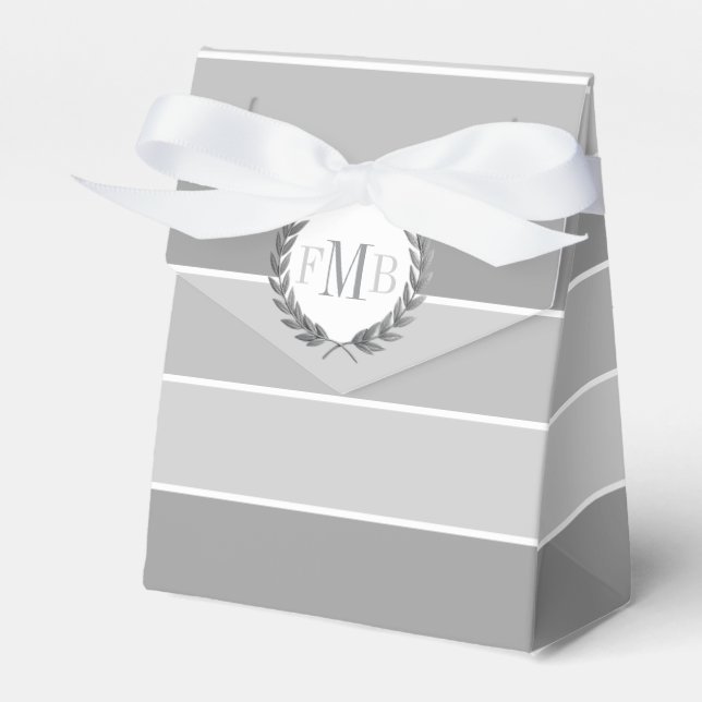 Patttern of grey stripes and initials wedding favor boxes (Front Side)