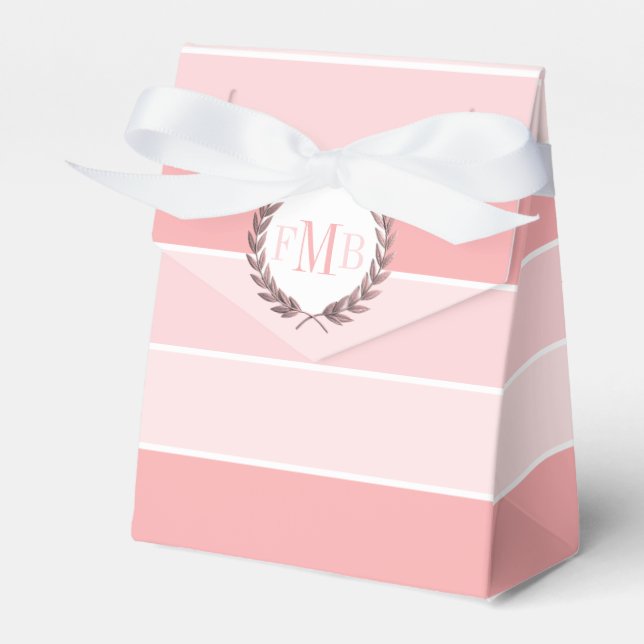 Patttern of pink stripes and initials wedding favo favor boxes (Front Side)