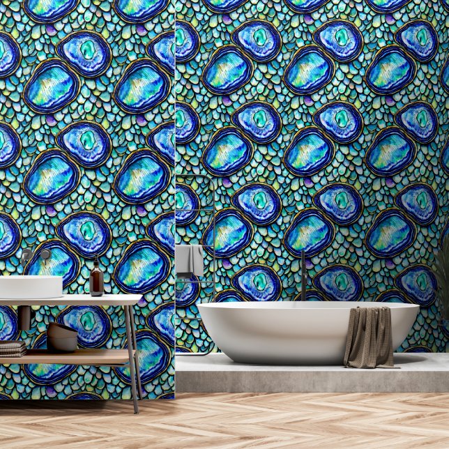 Paua blue gold abalone shells geometric pattern wallpaper  (Bathroom)