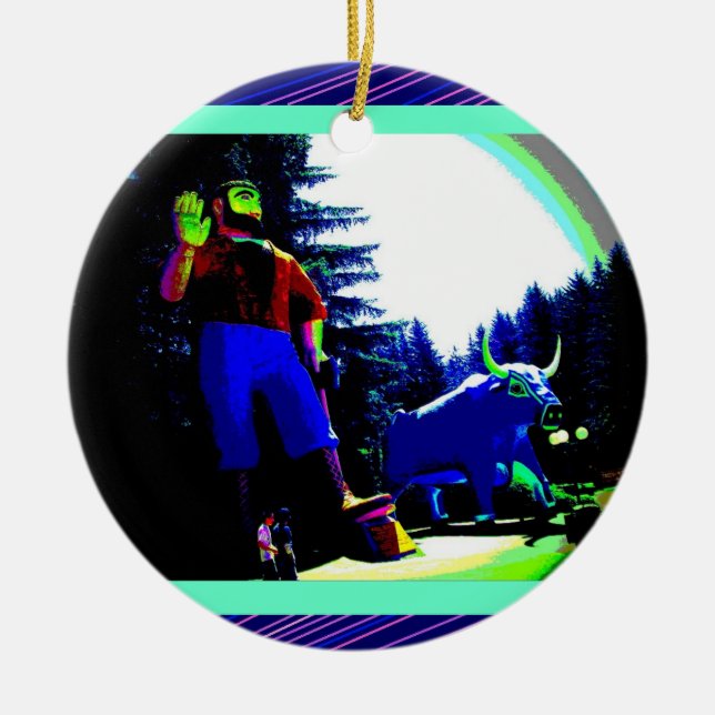 Paul Bunyan and Ox Photo digitally enhanced Ceramic Ornament (Front)