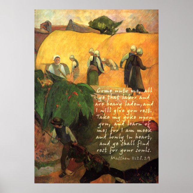 Paul Gauguin Haymaking With Scripture Verse Poster (Front)