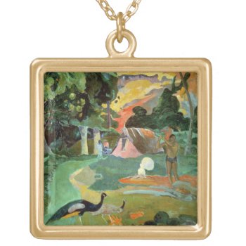 Paul Gauguin | Matamoe Or  Landscape With Peacocks Gold Plated Necklace by bridgemanimages at Zazzle