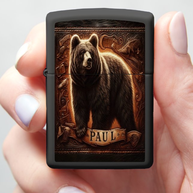 Paul Grizzly Bear Portrait With Carved Frame Zippo Lighter (In Hand)
