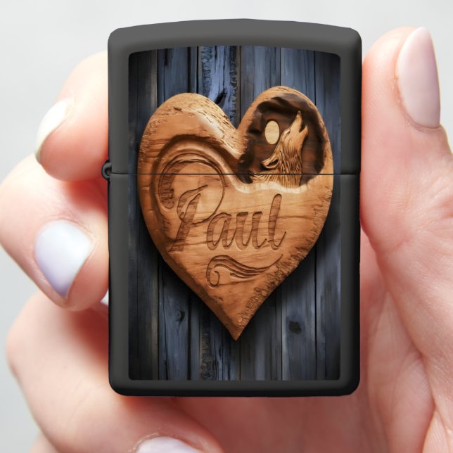 Paul Wooden Heart With Wolf and Name Zippo Lighter (In Hand)