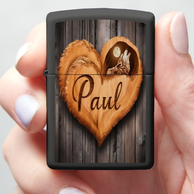 Paul Wooden Heart With Wolf & Moon Zippo Lighter (In Hand)