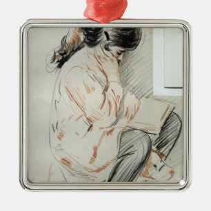 Paulette Reading Sitting on her Toy Dog Metal Ornament