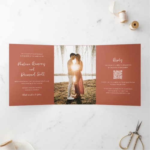 Paulina Modern Burnt Orange Simple Elegant Wedding Tri_Fold Invitation