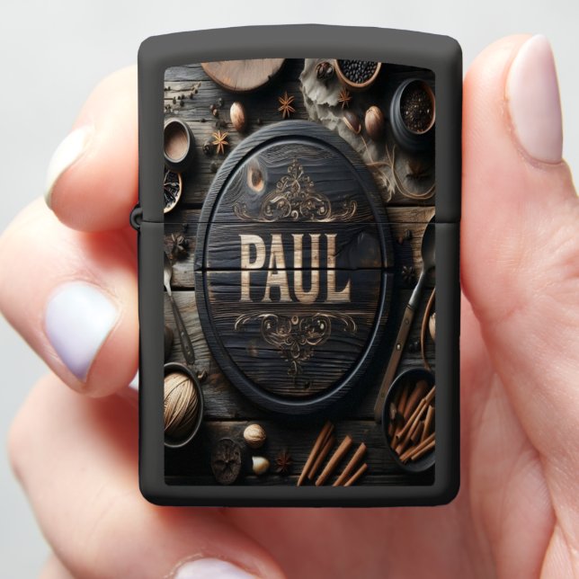 Paul's Dark Wood Sign Zippo Lighter (In Hand)