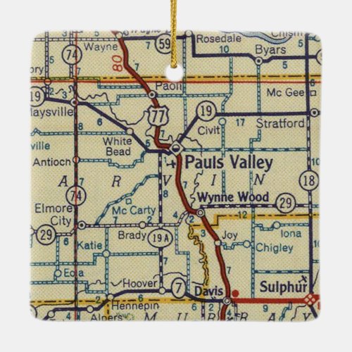 Pauls Valley OK Retro Map Ceramic Ornament
