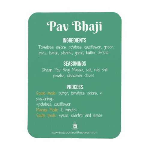 Pav Bhaji Recipe Magnet for Instant Pot