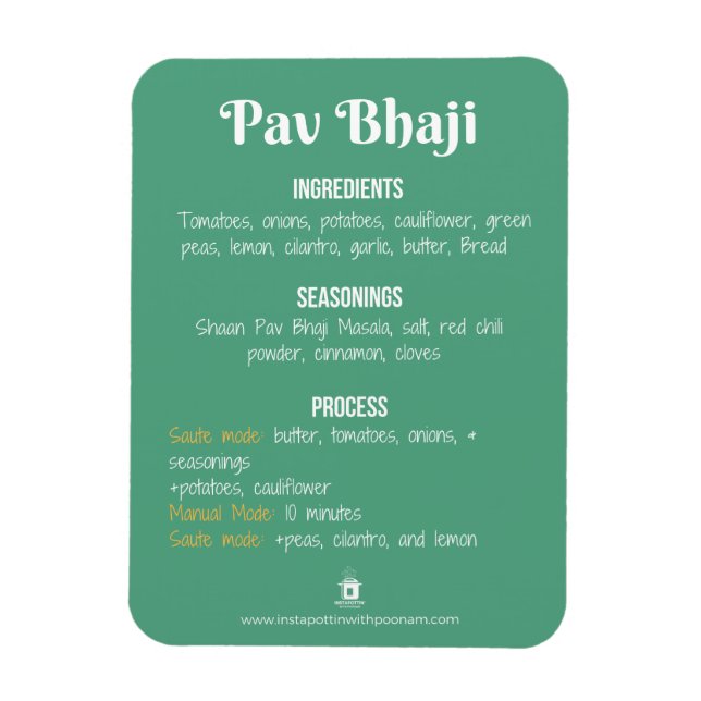 Pav Bhaji Recipe Magnet for Instant Pot (Vertical)