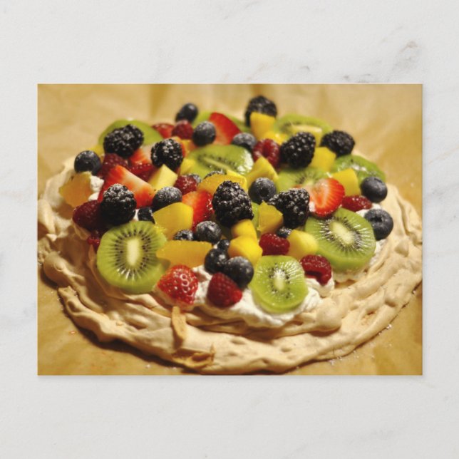Pavlova garnished with colorful fruits postcard (Front)