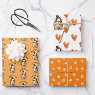 Paw and Heart Pattern Funny Cat Lover Wrapping Paper Sheets