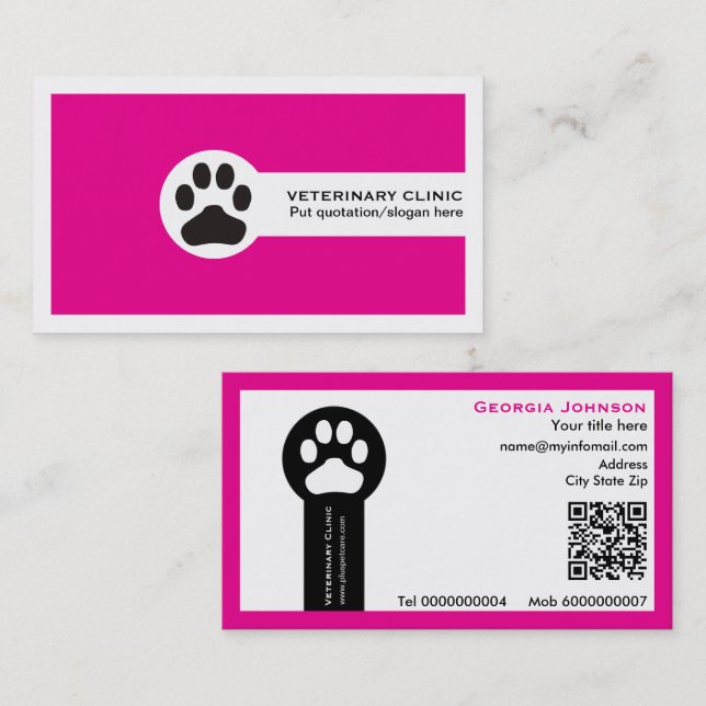 Paw and QR code hot pink Vet/Veterinary Clinic Business Card (Front/Back)