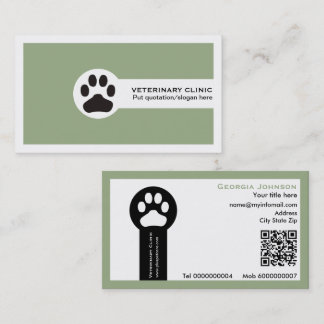 Paw and QR code sage green Vet/Veterinary Clinic Business Card