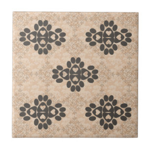 Paw Checkerboard Pentagon Design Hearts Brown Ceramic Tile