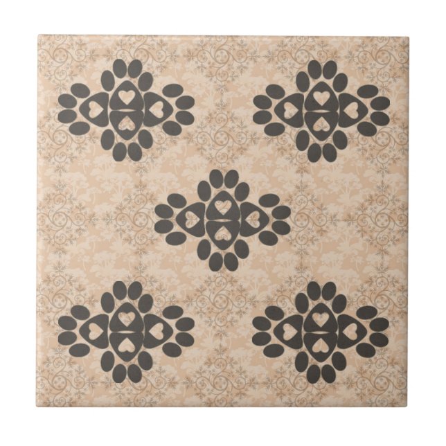 Paw Checkerboard Pentagon Design Hearts Brown Ceramic Tile (Front)