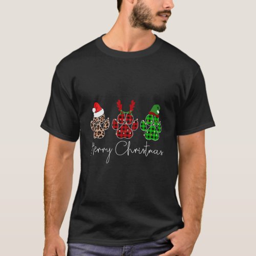 Paw Dogs Buffalo Plaid Leopard Design Merry Christ T_Shirt