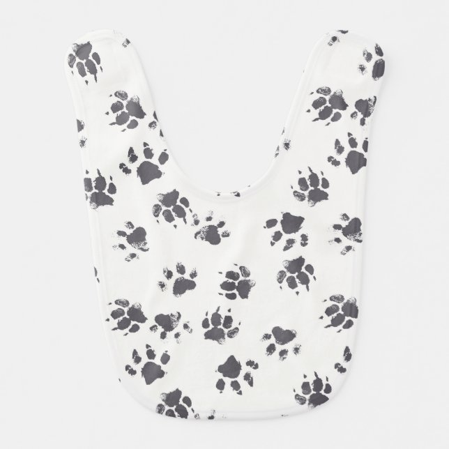 Paw Footprints: Dog Monochrome Seamless. Baby Bib (Front)
