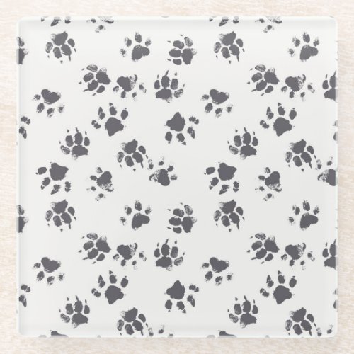 Paw Footprints Dog Monochrome Seamless Glass Coaster