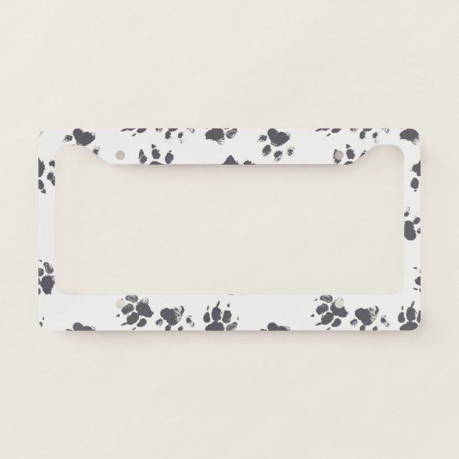 Paw Footprints: Dog Monochrome Seamless. License Plate Frame (Front)