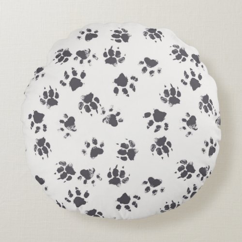 Paw Footprints Dog Monochrome Seamless Round Pillow