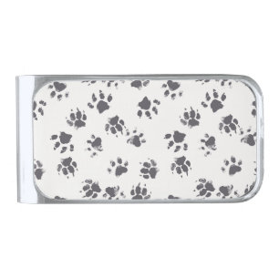 Paw Footprints: Dog Monochrome Seamless. Silver Finish Money Clip
