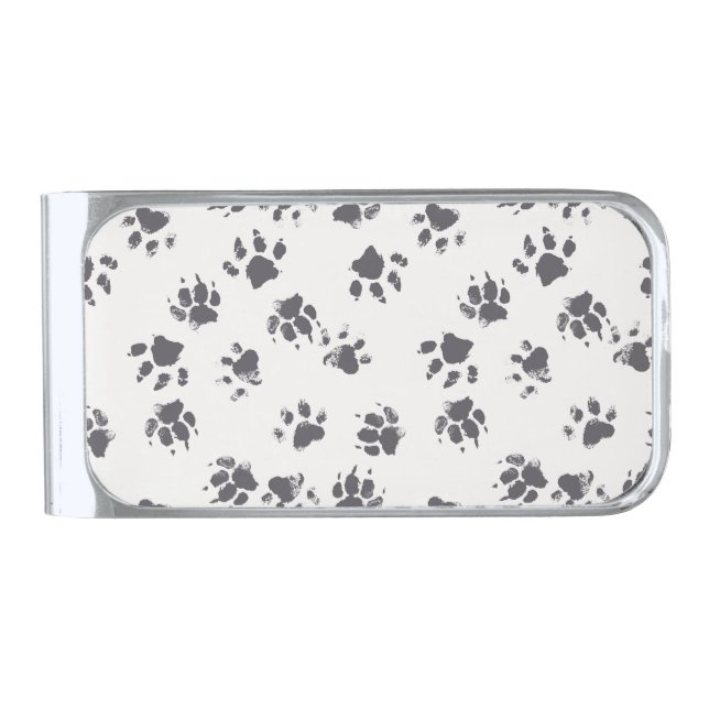 Paw Footprints: Dog Monochrome Seamless. Silver Finish Money Clip (Front)