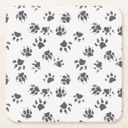 Paw Footprints Dog Monochrome Seamless Square Paper Coaster