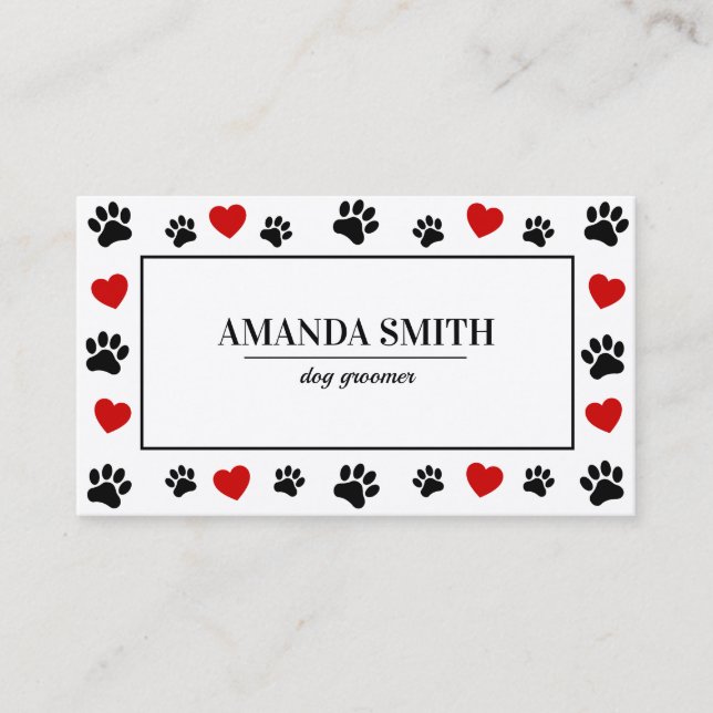 Paw & Heart Prints Dog Groomer Business Card (Front)