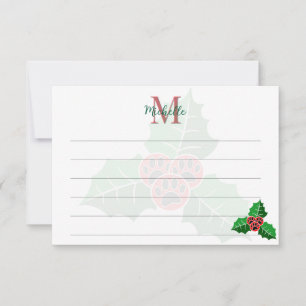 Paw Holly Leaves Christmas Custom Monogram Lined Note Card